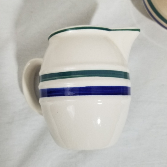 VTG cream with green and blue strip sugar, creamer and bowl set. - Picture 10 of 10